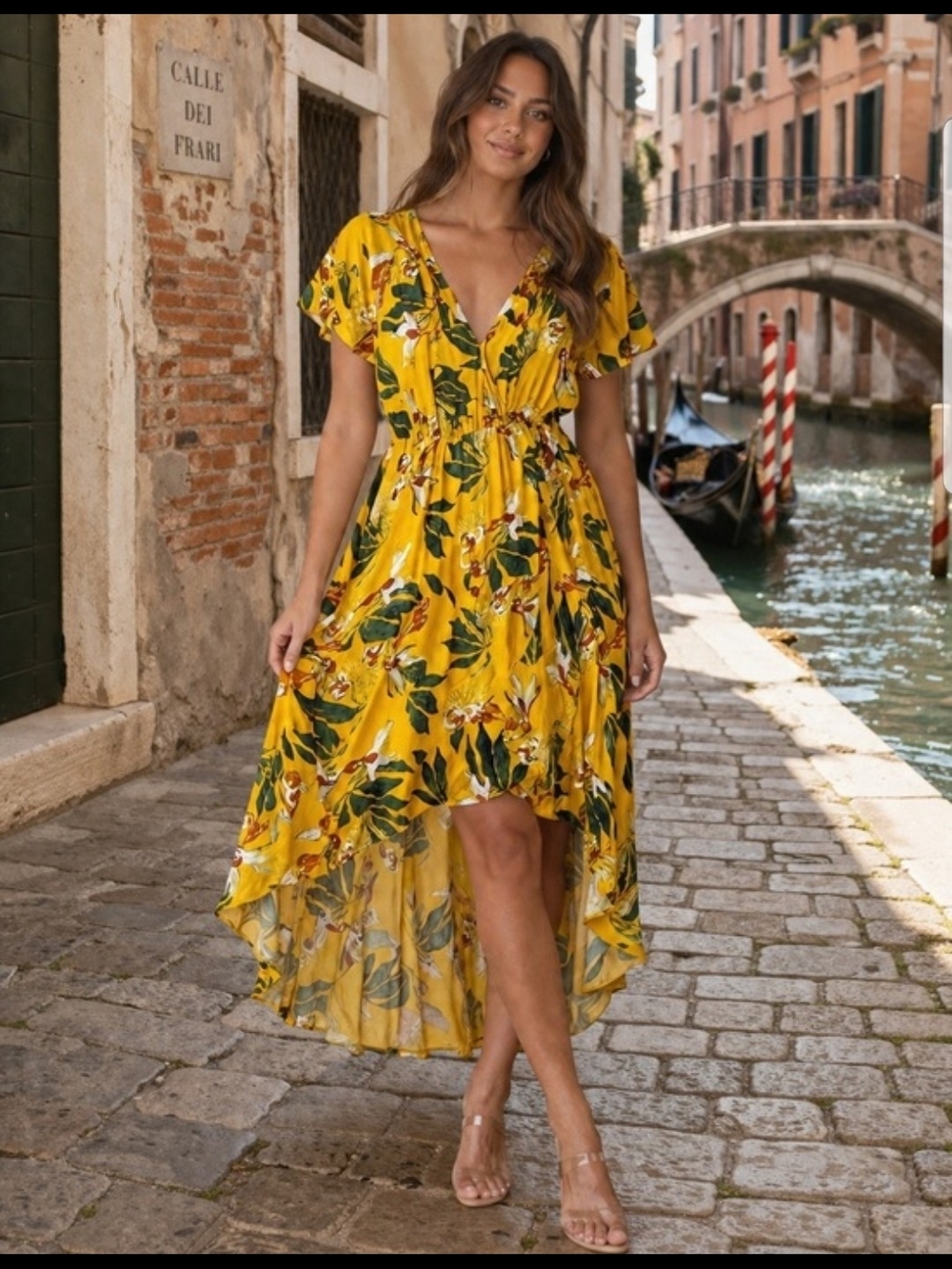 Chelsea & Theodore Yellow Floral Hi-Low V-Neck Dress